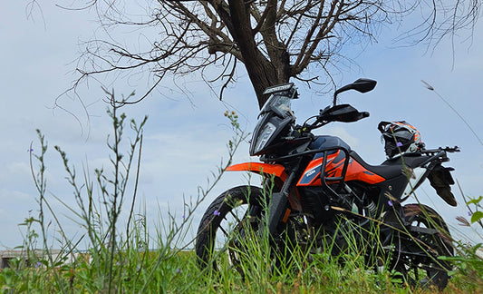 Motorcycle on a grassland in front of a dry tree